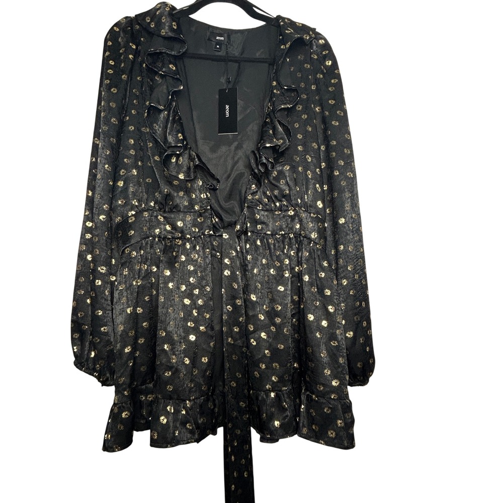 Aeom Black Gold Metallic Floral Ruffle Duster Long Sleeve V-Neck XL